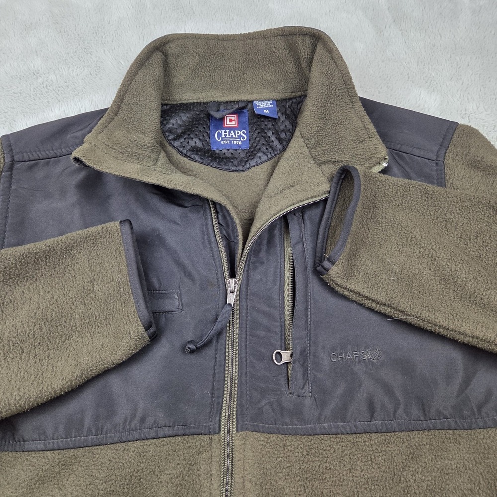 Chaps Fleece Jacket Mens M Full Zip Utility Pockets Olive Green Grey